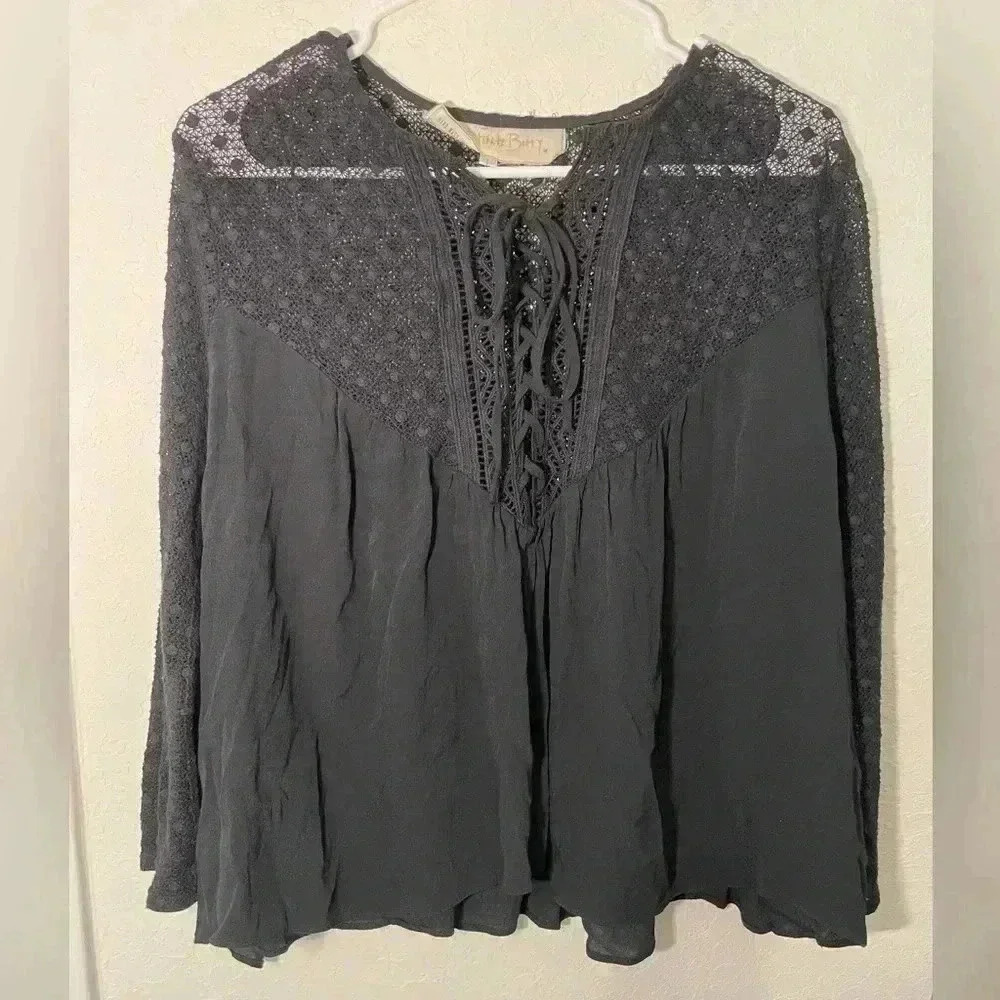 Jens Pirate Booty Black Lace Up Tie Neck Long Sleeve Sheer Blouse Womens Size L